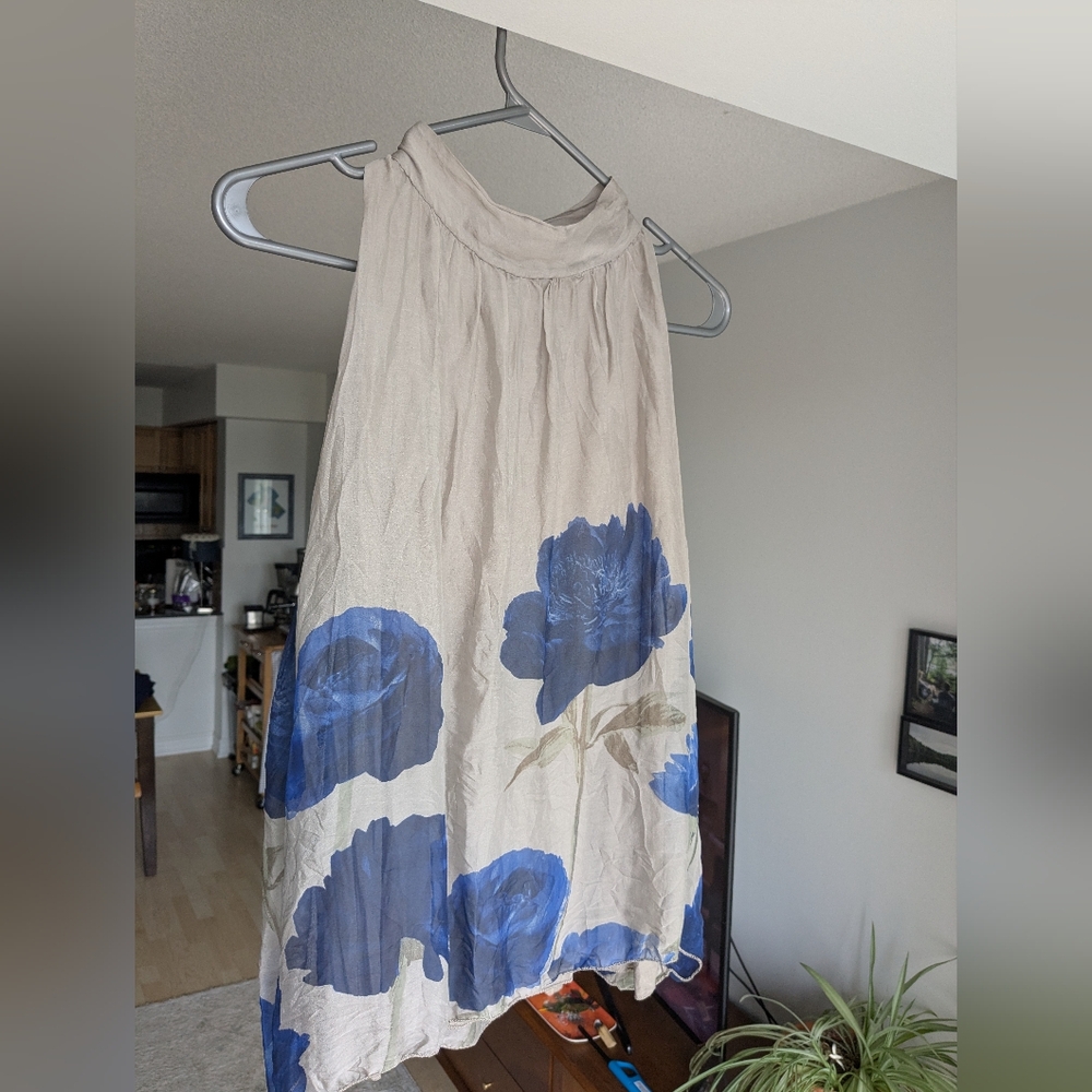 100% Silk Floral Halter Top with Blue Accents